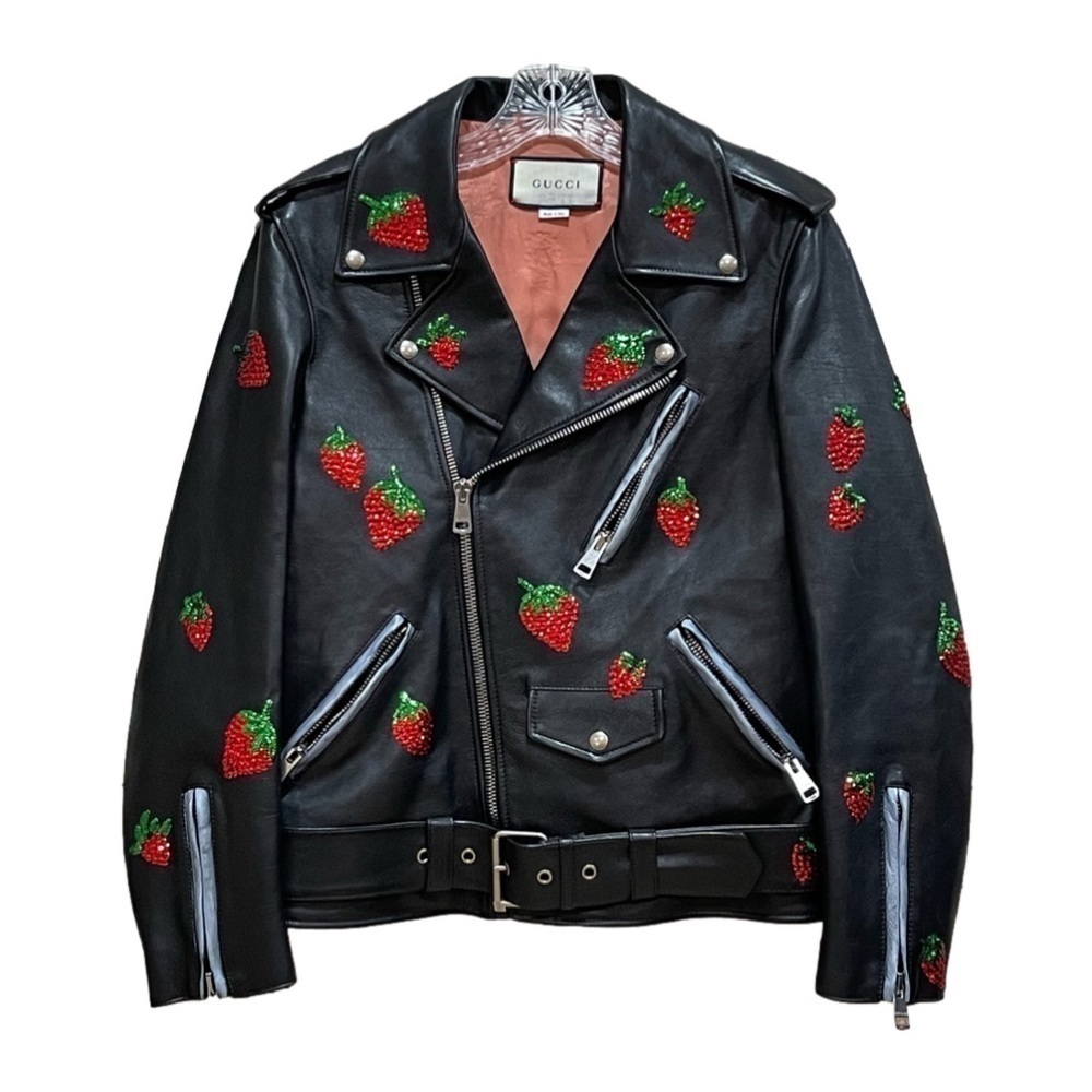 GUCCI Grainy Lambskin Leather Biker Jacket with sequin embossed strawberries